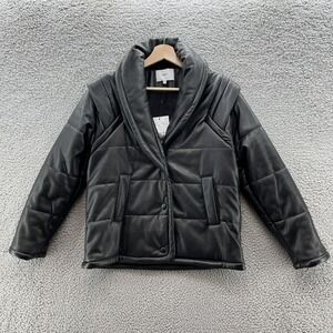 SUNCOO Paris Coat Womens Small Black Faux Leather Erin Short Modern Puffer